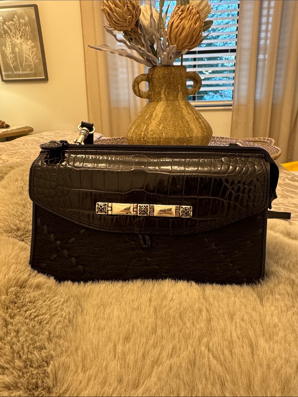 Vintage  Brighton Black Leather & Haircalf Crossbody with Silver Hardware